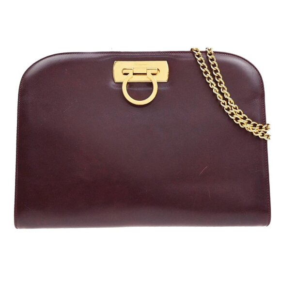 SALVATORE FERRAGAMO Gancini 2Way Chain Shoulder Clutch Bag Leather BY 39YH487